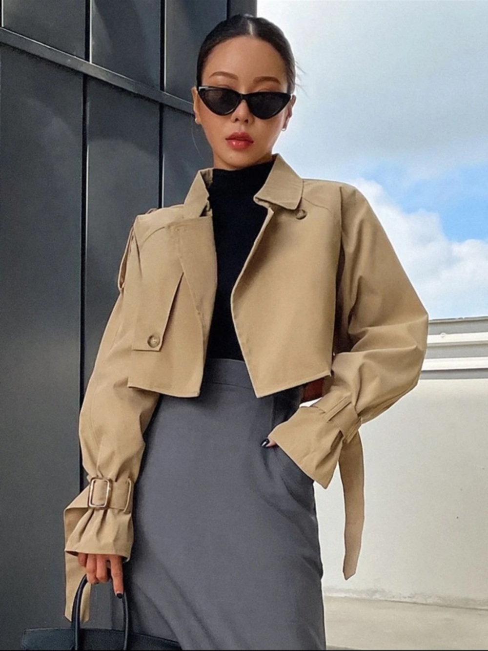 Cropped Trench Coat Jacket in Beige - Women's Short Trench